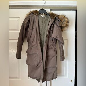 Whistles Dark Khaki Coat with Faux Fur Trim